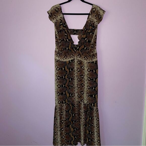 River Island Size 12 Snake Print Maxi Dress Brown Double V Ruffle Sundress - Picture 1 of 10